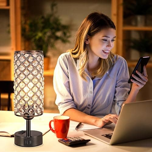 Hong-in Crystal Table Lamp Touch Control Set of 2, 3-Way Black Crystal Lamps with USB C+A Ports & AC Outlet, Dimmable Nightstand Desk Lamps,Modern Bedside Table Lamp for Bedroom(Bulbs Included) thumbnail 5