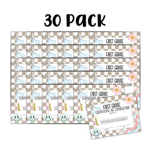 1st Grade First Graduation Certificate of Completion Award 30pk 8.5x11” End of Year Hand Out Tan Neutral Checkered Modern 90’s Smiley Faces Friendship Bracelets thumbnail 4