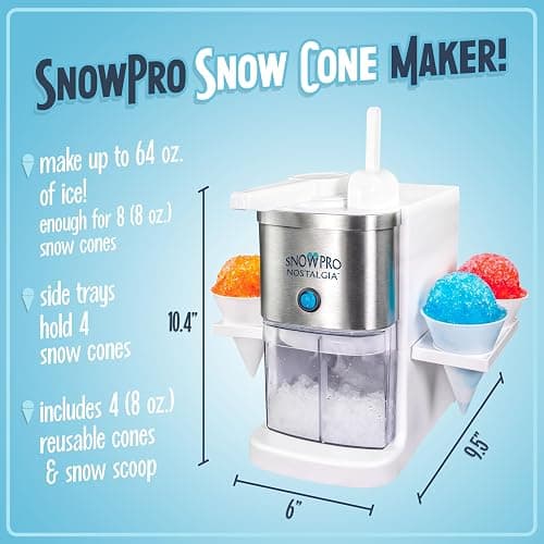 Nostalgia SnowPro Electric Shaved Ice & Snow Cone Maker 64-Ounce Ice Shaving Capacity, 4 Reusable Cones, Side Shelves, and Scoop Included thumbnail 3