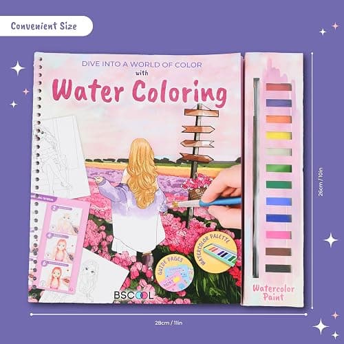 BSCOOL Water Coloring Book for Beginners – Painting Kits for Kids Ages 5 and up. Watercolor Book with 12 Paint Palettes, 1 Brush, and Guides. Fashion Painting for Girls with 15 Pre-Drawn Models. Gift for Girl Ages 5,6,7,8 thumbnail 3