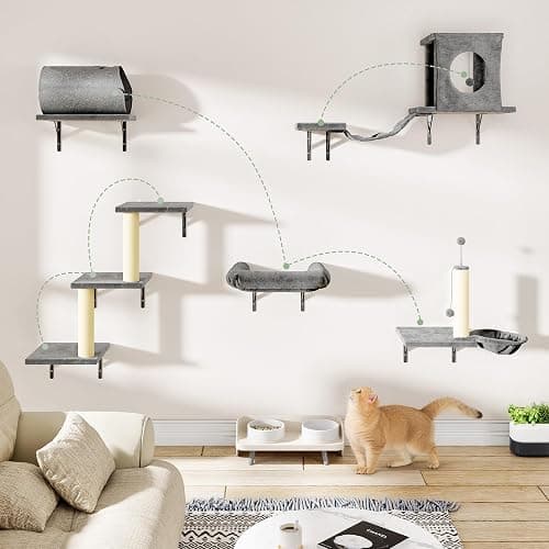 NUNU LAB Wall Mounted Cat Wall Shelves, 14-in-1 Cat Wall Climber with Bridge, Tunnel, House, Scratcher, Steps, Indoor Space-Saving Furniture for Kittens Play, Gray thumbnail 5