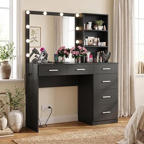 Gyfimoie 39 Inches Black Vanity Desk with Lights, 6-Drawers Makeup Vanity Table with Power Strip and Storage Shelves, Dressing Table with Lighted Mirror for Women Girls (Black) - Image 1