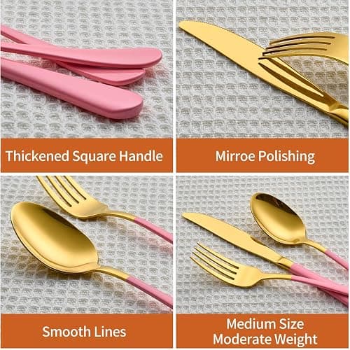 Lekoton 20 Piece Gold and Pink 18/0 Flatware Utensil Set for 4, Include Dinner Knife,Dinner Forks,Dinner Spoons,Salad Forks,Teaspoons,Silverware Set for 4, Dishwasher Safe thumbnail 4