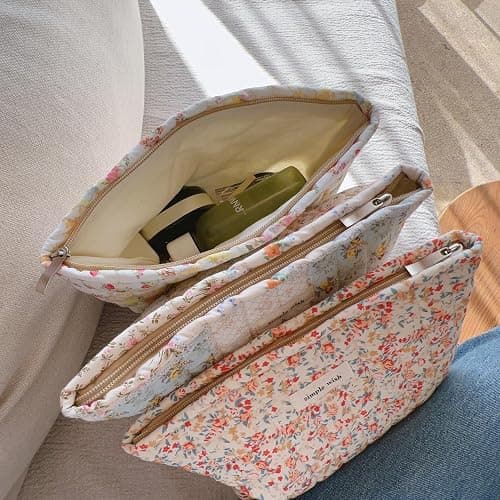 Sminra 2 Pieces Floral Makeup Bag, Cute Travel Quilted Pouch Cosmetic Bag Organizer, Small Cotton Coquette Aesthetic Purse Toiletry Bag for Women Girls accessories (Blue Flower-2PCS) - Blue Flower-2PCS thumbnail 7