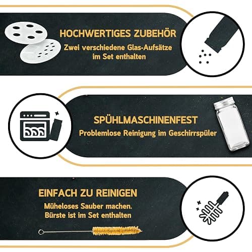 Cuccinara® 24 Gewürzgläser Eckig 120ml mit 210 Etiketten, Aluminiumdeckel & Streueinsätzen (grob & fein) - Luftdichte Gewürzdosen inkl. Trichter, Permanentmarker & Bürste - Spülmaschinenfest thumbnail 7