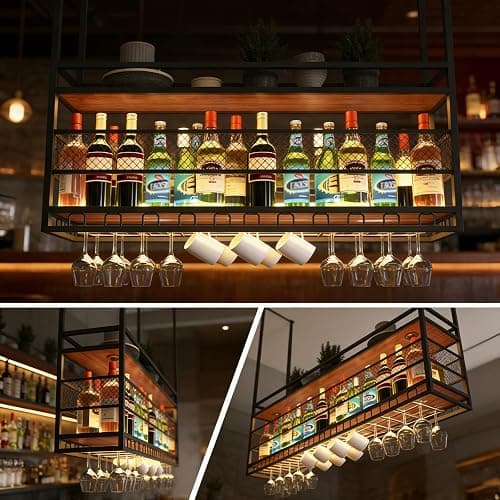 RAJYQODIS Hanging Wine Rack, Metal Hanging Wine Glass Rack, 2-Tier Bar Display Wine Storage Holder, for Bar Restaurant Cafe Kitchen (Black, 140cm) thumbnail 7