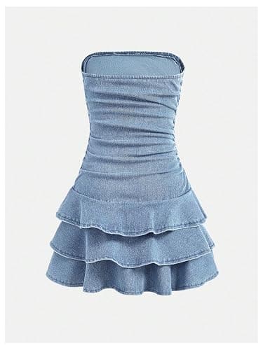 Floerns Girl's Ruched Strapless Tube Top Bowknot Denim Dress Cute Tiered Dress thumbnail 3
