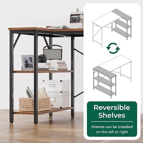 Huuger 47 Inches L Shaped Desk, Computer Desk with Reversible Storage Shelves, for Gaming Corner Home Office Writing Study, Metal Frame, Rustic Brown thumbnail 4