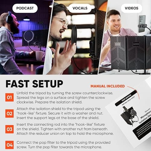 Glemoriol Microphone Isolation Shield with Phone Holder, Pop Filter & Desktop Stand – Sound Proofing Studio Setup for Enhanced Sound Quality | Home Recording, Podcast Equipment & Sound Production thumbnail 5