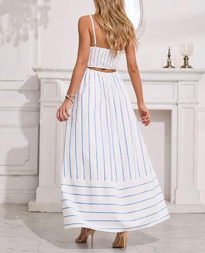 chouyatou Women's Striped Back Smocked Maxi Dress Sexy Spaghetti Strap Cut Out Flowy Swing Long Dress thumbnail 3