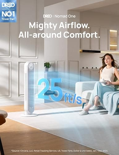Dreo Tower Fan for Bedroom, 25ft/s Velocity Quiet Floor Fan, 90° Oscillating Fans for Indoors with 4 Speeds, 4 Modes, 8H Timer, Standing Fans, Bladeless Fan, White (DR-HTF007) thumbnail 3