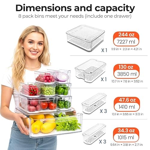 SMRCAD Clear Fridge Bins with Drain Trays - BPA-Free PET, Stackable (8) | 8 Pack: 1 Drawer + 7 lidded Bins, Helps Keep Produce Fresh, 18.3L Capacity, Hand Wash Only thumbnail 5