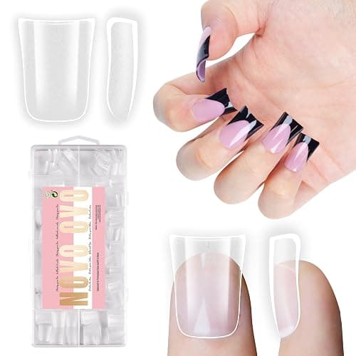 NOVO OVO Upgraded Extra Thick Short Duck Feet Nail Tips Full Cover for Press on Acrylic, Clear Pre-Etched Matter Flare Wide French Soft Gel Fake False Nail Extension Full Coverage x 12 Sizes 360 pcs - Image 1