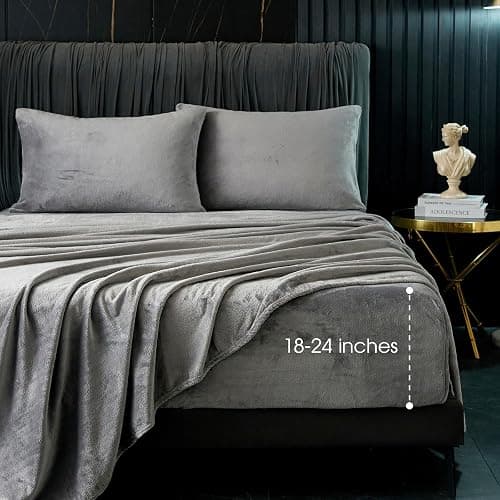 Sheets Queen, Extra Deep Pocket Sheet Set Up to 24" Inches,250 GSM Velvet Plush Fleece Sheets Warm No Slip Bed Sheet Sets Grey - Image 1