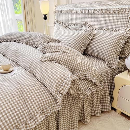 LifeTB Tan Gingham Comforter Set Full Vintage Ruffle Taupe Plaid Comforter Set 3 Pieces Soft Fluffy Grid Checkered Pattern Comforter with 2 Pillowcases Farmhouse Gingham Bedding Comforter Full - Image 1