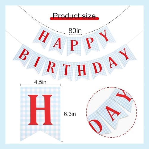 Blue and red Happy Birthday Banner - Happy 1st Birthday decorations, Blue Gingham with Red Letters Happy Birthday Banner thumbnail 3