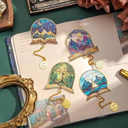 4pcs Metal Bookmarks with Chain, Inspirational Book Marks Set Featuring Books, Mountains, Stars, Forest & River - Perfect Book Markers Gift for Book Lovers, Readers, Kids, Teens, Men, Women, Adults thumbnail 6