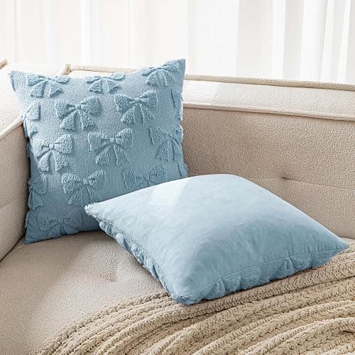 MIULEE Blue Bow Pillow Covers Coquette Room Decor Aesthetic Set of 2 Decorative Cute Girl Throw Pillow Soft Plush Faux Pillowcase for Girl Bed Couch Sofa,18x18 Inch thumbnail 7