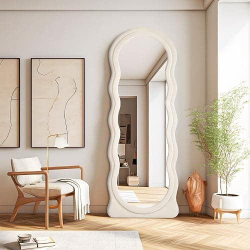 CILIBER Wavy Mirror Full Length, 63" x 24" Irregular Mirror, Large Wall Mirror Wave Pattern, Flannel Wrapped Wooden Frame Full Body Mirror Hanging or Leaning Against The Wall for Bedroom, Living Room - Image 1