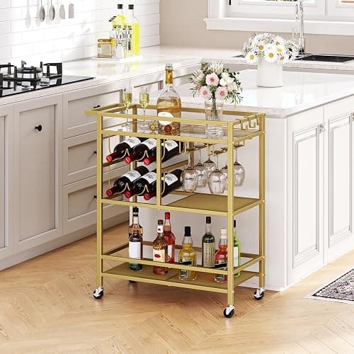 MAHANCRIS Bar Cart for Home, 3-Tier Serving Cart with Wheels and Handle, Beverage Cart with Wine Rack and Glass Holders, Rolling Wine Cart for Kitchen, Dining Room, Gold RCJ61B01 thumbnail 4