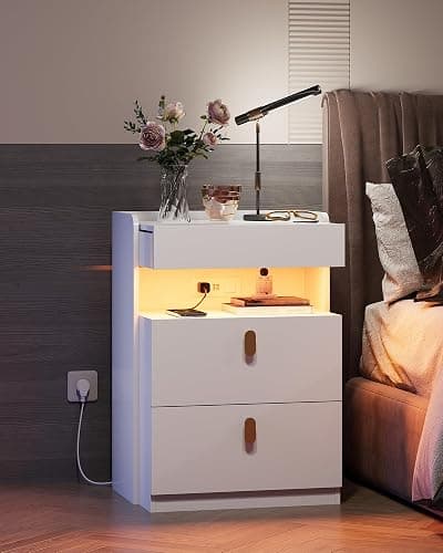 WLIVE White Nighstand with Charging Station and LED Lights, Night Stand with Sliding Top, Modern Bedside Table with 2 Drawers, End Tables for Bedroom, Living Room, White thumbnail 6