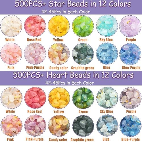 1000Pcs Matte Acrylic Star Beads Hart Beads for Jewelry Making Frosted Gold Foil Acrylic Beads Pastel Beads Colorful Assorted Bead Cute Aesthetic Kawaii Bead for Bracelet DIY Craft Earring Phone Charm thumbnail 7