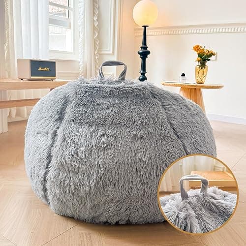 XeGe Fluffy Stuffed Animal Storage Bean Bag Cover(No Filler), Faux Fur Washable Ultra Soft Bean Bag Cover for Plush Toys or Textile,Plush Shaggy Large Beanbag for Adults Kids Teens, Light Grey thumbnail 5