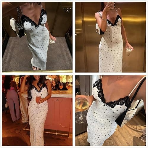 Women's Sexy Lace V Neck Polka Dot Sleeveless Flowy Long Maxi Dress Elegant Cocktail Party Gown Vacation Dresses thumbnail 4