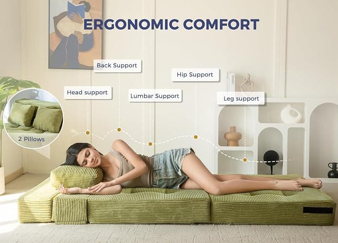 MAXYOYO Convertible Sofa Bed, Fold Out Loveseat Sleeper Sofa with Pillow, 4 in 1 Tufted Folding Couch Bed Foam Floor Couch, Lazy Chair for Living Room Bedroom Guest Room, Green thumbnail 9