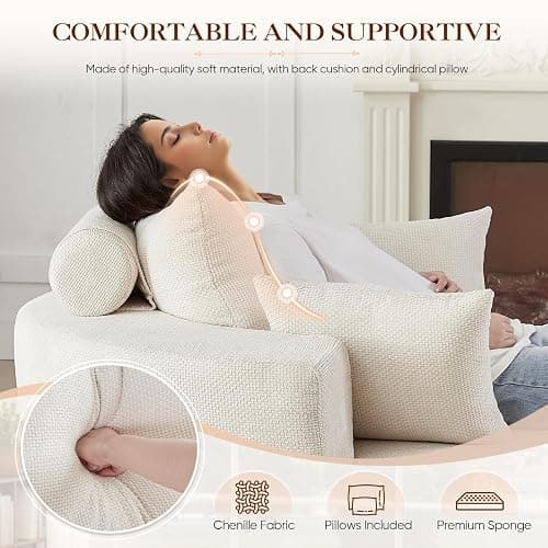 Antetek Oversized Round Chaise Longue Chair Indoor, Modern 55-inch Upholstered Waffle Chenille Deep Seat Circle Single Cloud Lounge Floor Sofa Chair for Living Room, Bedroom Apartment, Beige thumbnail 4