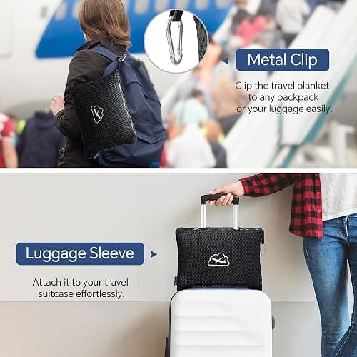 BEDELITE Travel Blanket with Bag, Ultra-Soft Jacquard Fleece Blanket with Luggage Sleeve & Backpack Clip, Airplane Blanket Travel Essentials, Black thumbnail 5