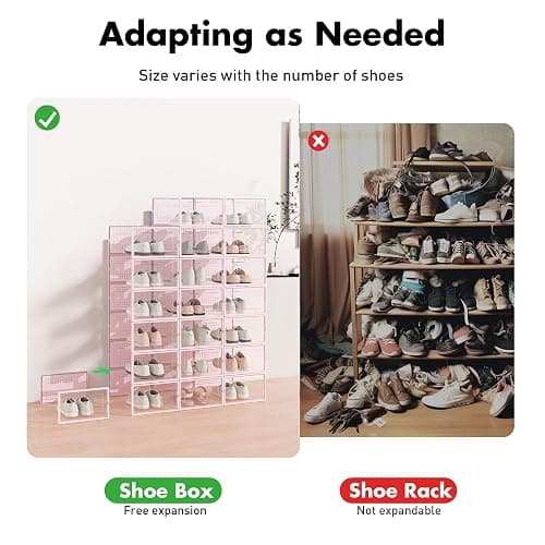 Foluck Shoe Storage Box, 15 Pack Clear Plastic Stackable Shoe Organizer for Closet, Interlocking Design Shoe Container Bins for Sneakers, Foldable Shoe Rack with Lids, Pink thumbnail 4