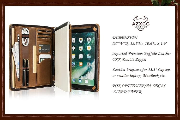 AZXCG Leather Portfolio Organizer for Men, Professional Padfolio Folio with A4/Legal Pad Holder, Business Resume Zippered Portfolio, Tablet Case for iPad Pro 12.9", Gift for Women/Men, Brown thumbnail 5