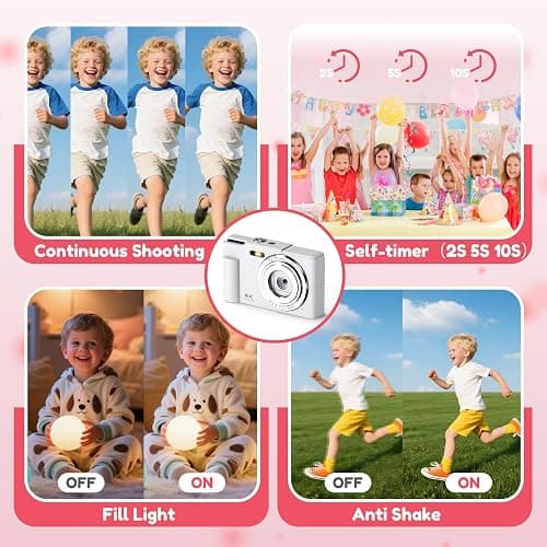 Digital Camera, FHD 4K Digital Point and Shoot Camera with 16X Zoom Anti Shake, 48MP Compact Small Camera with 32GB Card for Boys Girls Kids Rose Pink thumbnail 8