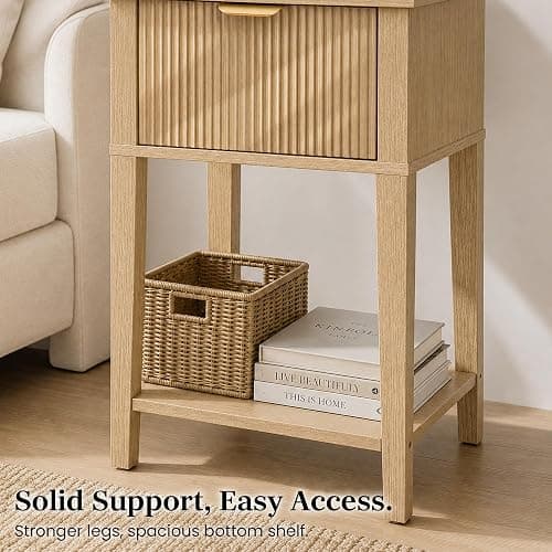 RIHHA Natural Oak 15.4" Wide Small Nightstand with Drawer,Open Shelf,Fluted | Light oak tone, ribbed fluted front, 11.8-inch slim depth, concealed storage, airy fit for bedside, sofa side, or chair side thumbnail 6