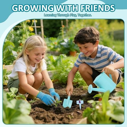 Cossy Kids Gardening Set, 13PCS Garden Tool Kit for Kids and Toddlers Boys Girls, Includes Tote Bag, Watering Can, Shovels, Rake, Kids Gardening Gloves, Apron and More, Blue thumbnail 6
