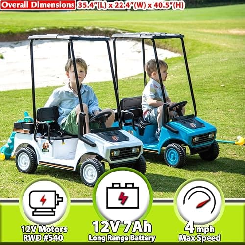 sopbost 2 Seater Ride On Car with Remote Control 2WD 12V Electric Mini Golf Cart for Kids Boys Girls Age 3-5, Bluetooth, Plastic Roof, Rear Storage Box - White thumbnail 3
