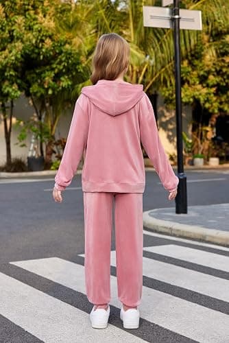 Arshiner 2 Piece Outfits for Girls Velour Tracksuit Hoodie and Jogger Set Sweatsuit Athletic Clothes Sets thumbnail 4