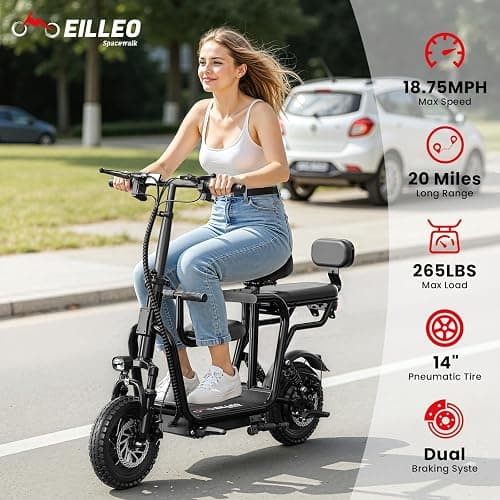 EILLEO Electric Scooter with Seat for Adult, 36V/48V Electric Scooter for Adults 500W/750W Motor, 20 Mile Range, 17.4/18.75mph, Dual Brakes, 14"/12" Tires, e Scooters with Seat thumbnail 2
