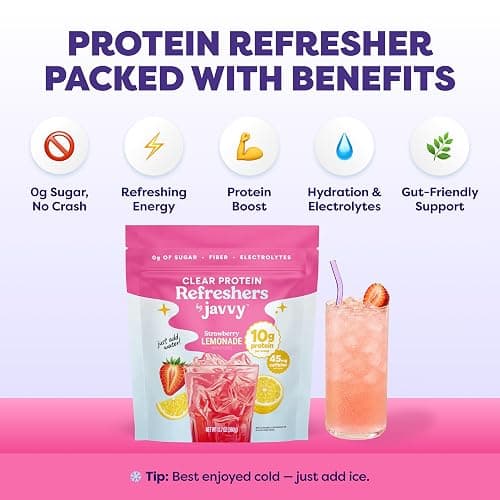 Javvy Clear Protein Powder with Clear Whey Protein, Strawberry Lemonade | 10g Whey Protein & Collagen Peptides, Electrolyte Powder, Natural Flavors, 0g Sugar, 3g Fiber, 45mg Caffeine thumbnail 4