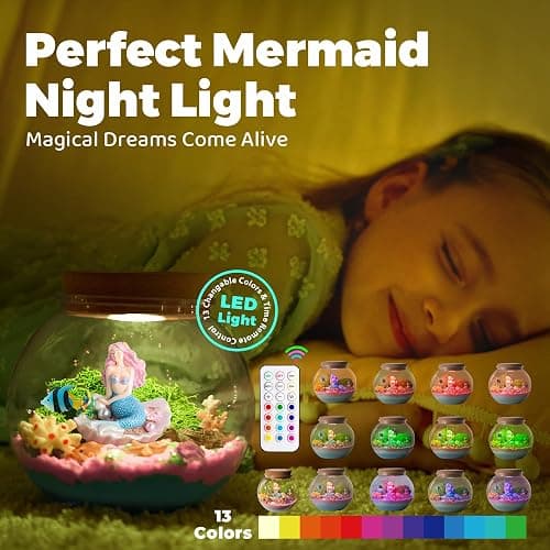 Mermaid Light-Up Terrarium Kit for Kids - LED Night Light Birthday Gift for Girls Ages 4 5 6 7 8-12 Year Old - Mermaid Toys for Girls - DIY Arts and Crafts Kit for Kids thumbnail 7