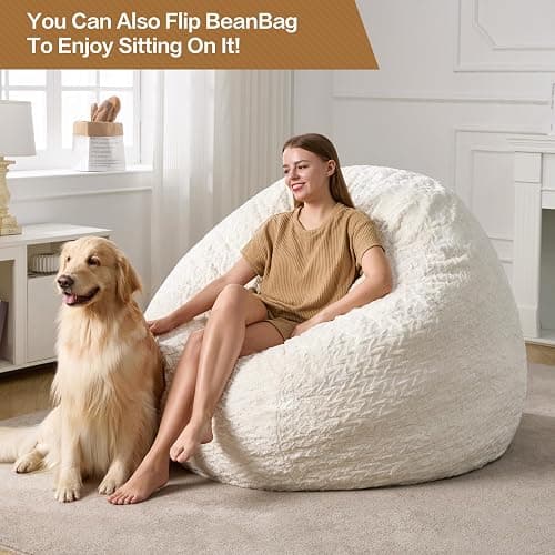 Hobestluk Bean Bag Chair Large Washable Soft Living Room Adult 5Ft White | No Assembly Required Memory Foam Filling Machine Washable Cover Bedroom Dorm Reading Gaming Fluffy Plush Faux Fur Fabric thumbnail 3