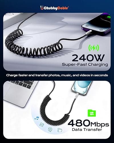 chubbycable Curly Chubby 240W Coiled USB C Fast Charging Cable Durable Braided Charger Cord for Car Compatible with iPhone 17-15 Series iPad, Orange, Type-C to Type-C, 2.13FT-6.56FT thumbnail 2