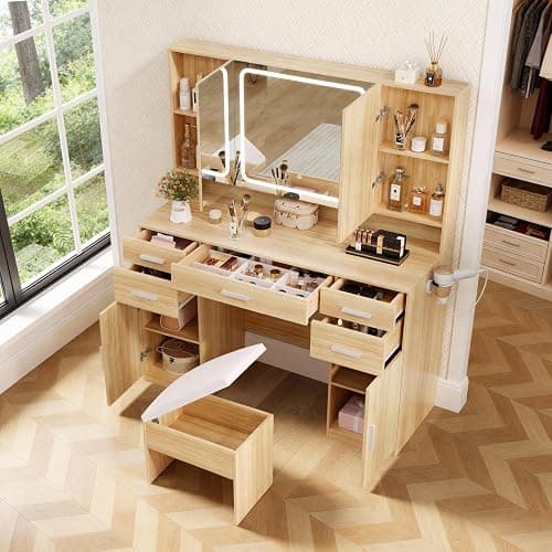 Vanity Desk with Mirror and Lights, Tri-Folding Mirror Makeup Vanity with 7 Drawers, Large Vanity Table Set with 3 LED Light Modes and Cushioned Stool, Power Outlet, Perfect for Bedroom, Oak - Image 1
