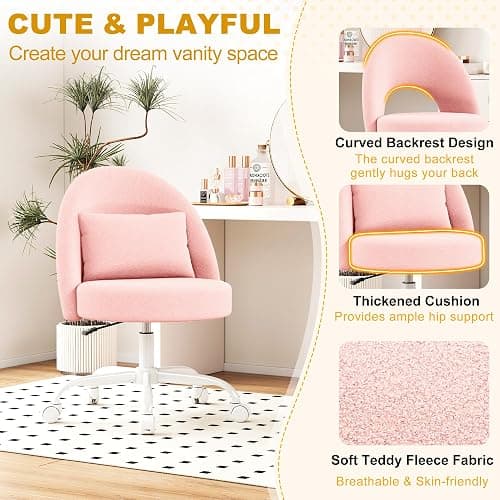 Misolant Vanity Chair with Back, Armless Cute Office Chair with Wheels for Girls, Teddy Fleece Fabric Small Desk Chairs with Adjustable Height, Lumbar Support Pillow, 360°Swivel for Makeup Room, Pink thumbnail 3