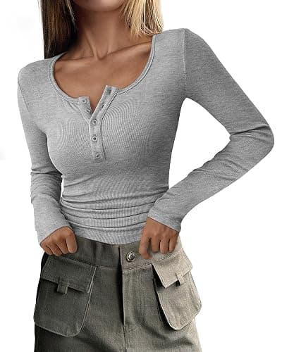 PRETTYGARDEN Women's 2025 Spring Fall Long Sleeve Henley T Shirts Button Ribbed Knit Slim Fit Casual Basic Tops Blouse - Image 1