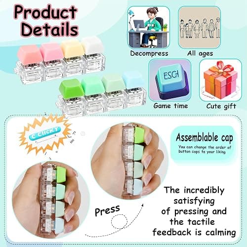 2 PCS Keyboard Fidget Toy, Keyboard Fidget Keychain 4-in-1 Keyboard Decompression Button Finger Clicker Toys, Button Stress Relief Fidget Gifts to Relief Stress (Pink Yellow White Green) thumbnail 4