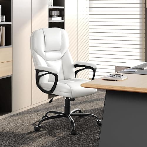 Yaheetech PU Leather High Back Office Chair Executive Ergonomic Desk Chair Swivel Computer Chair with Armrests, Adjustable Height, Home Office, White thumbnail 4