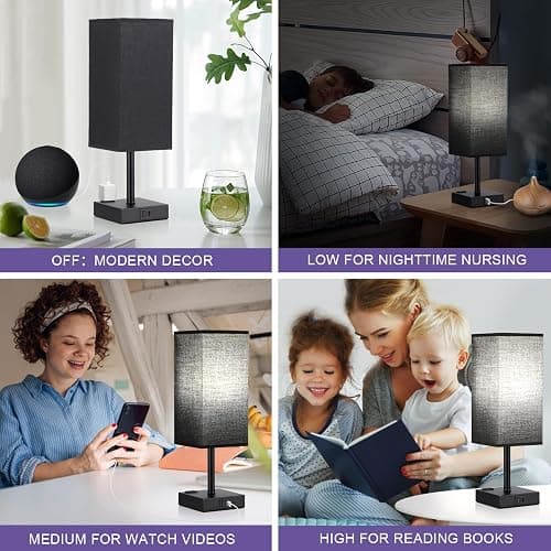 aooshine Black Lamp for Bedroom-Touch Lamp with USB-C+A and AC Outlets,3 Way Bedside Nightstand Square Table Lamp for Kids, Guest Room Living Rroom,Office, 800 Lumens 5000K Daylight Bulbs Included thumbnail 5
