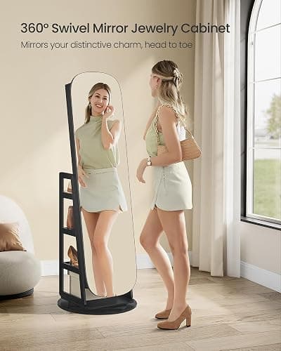 SONGMICS LED Jewelry Cabinet, 360° Swivel Jewelry Organizer, Lockable Mirror Jewelry Cabinet Standing, Rounded Wide Full-Length Mirror with Storage Shelves, Interior Mirror, Ebony Black UJJC036B01 thumbnail 6